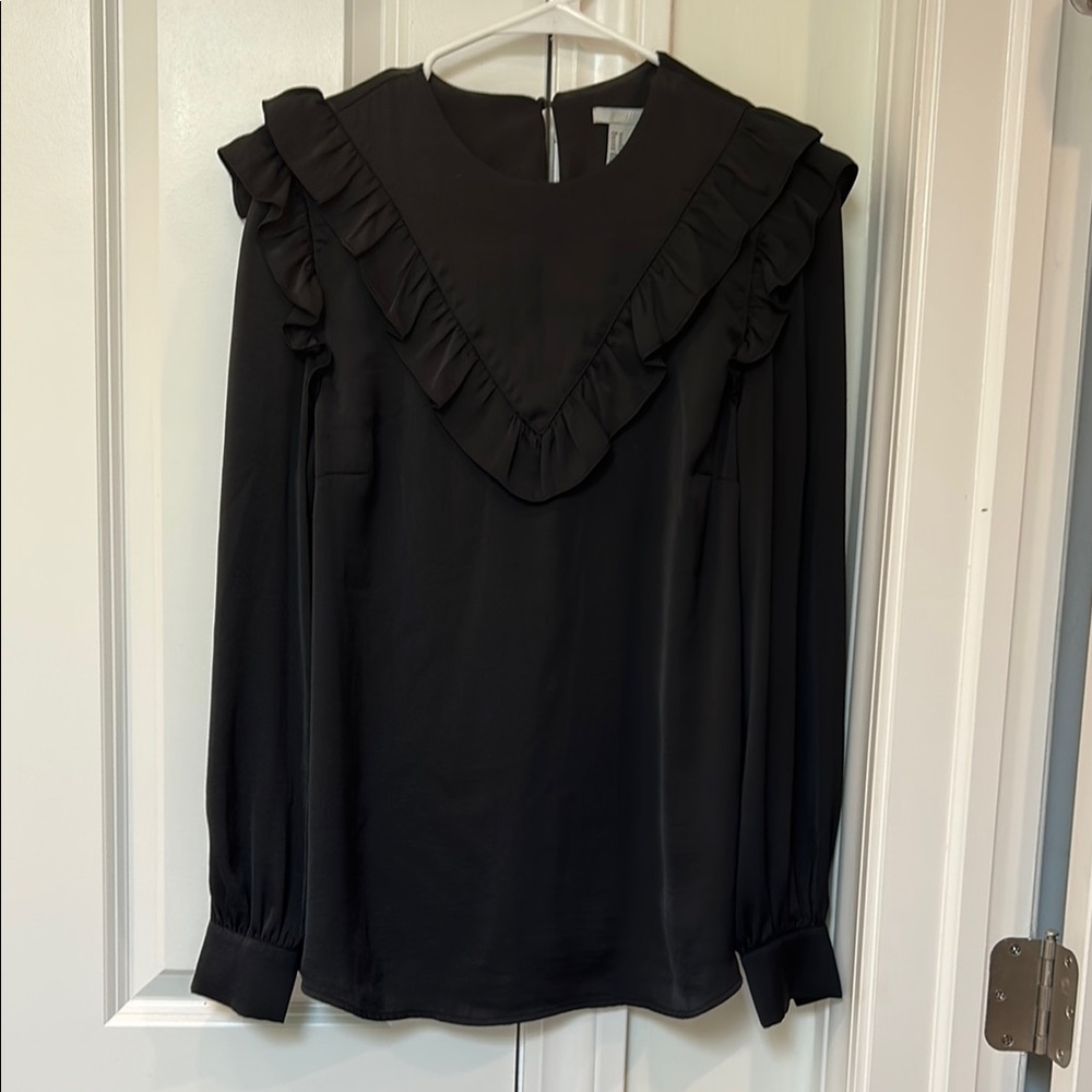 H&M Black Ruffled Bib Collar Blouse